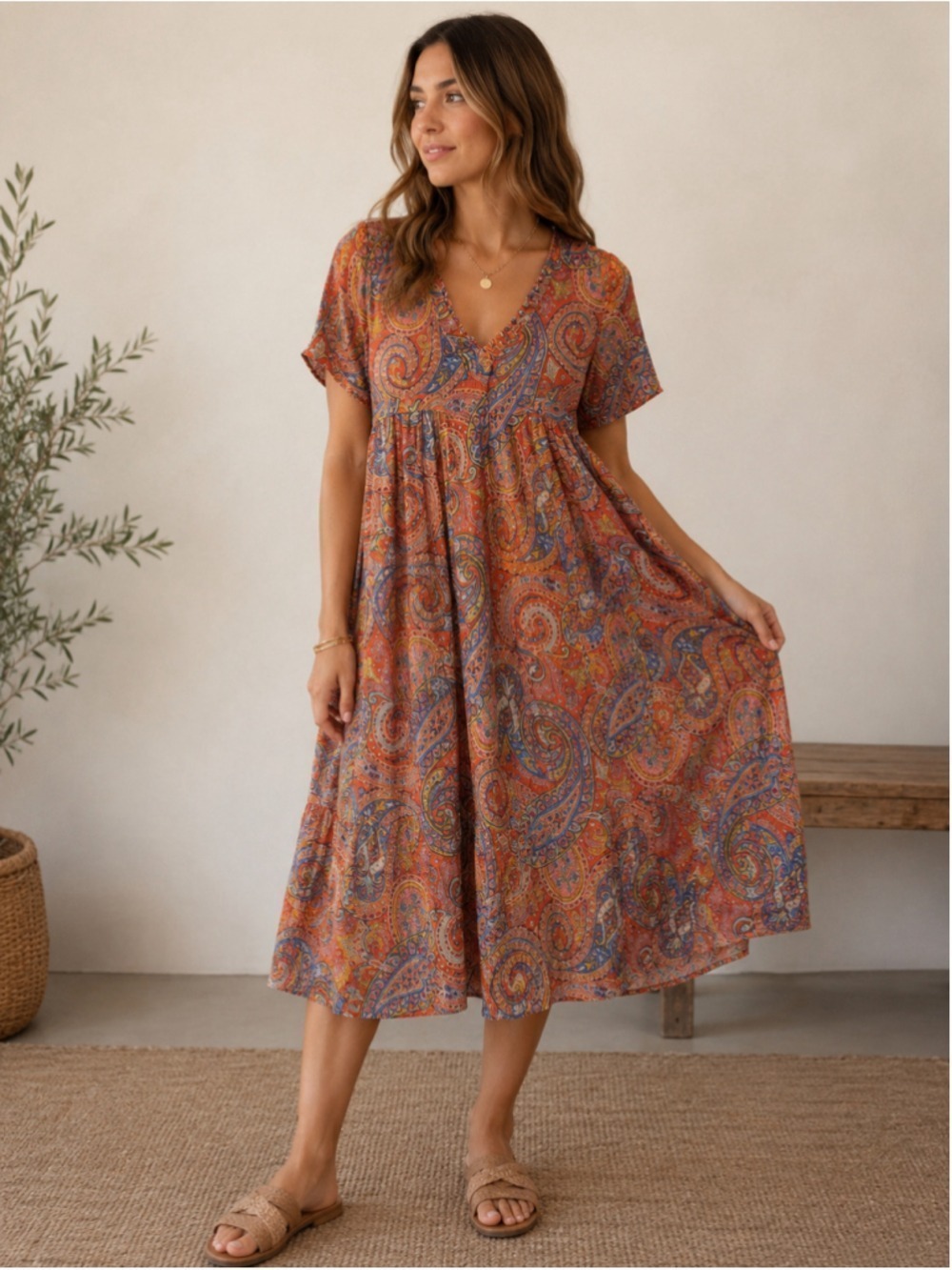 Molly Bracken Paisley Midi Dress Women’s Medium M Boho V-Neck Short Sleeve Coral